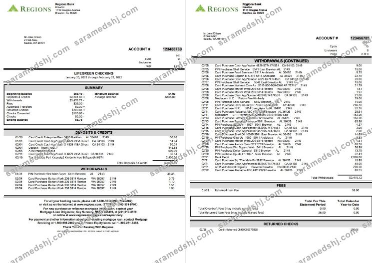 USA Regions Bank statement, Word and PDF template, 4 pages